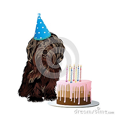 Cute little dog celebrates birthday with a delicious cake. Vector Illustration